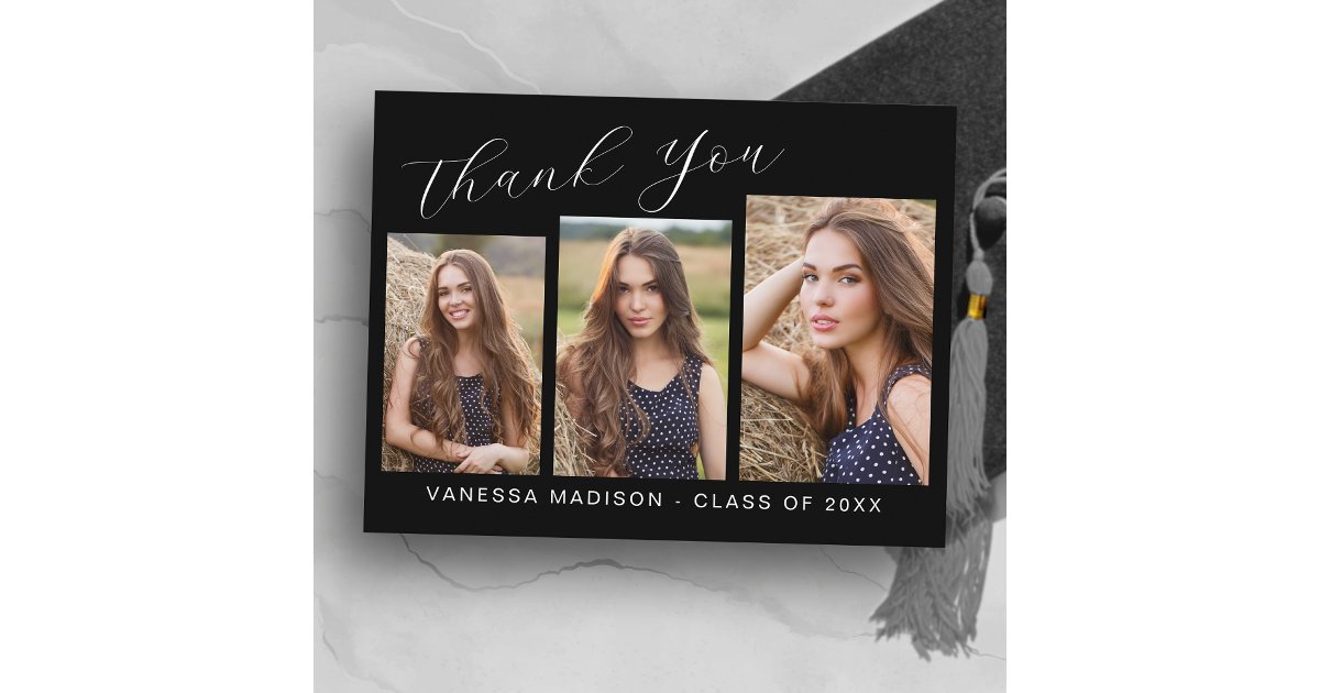 Modern Elegant Script 3 Photo Graduation Thank You Postcard | Zazzle