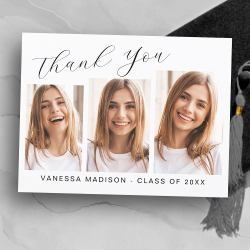 Modern Elegant Script 3 Photo Graduation Thank You Postcard