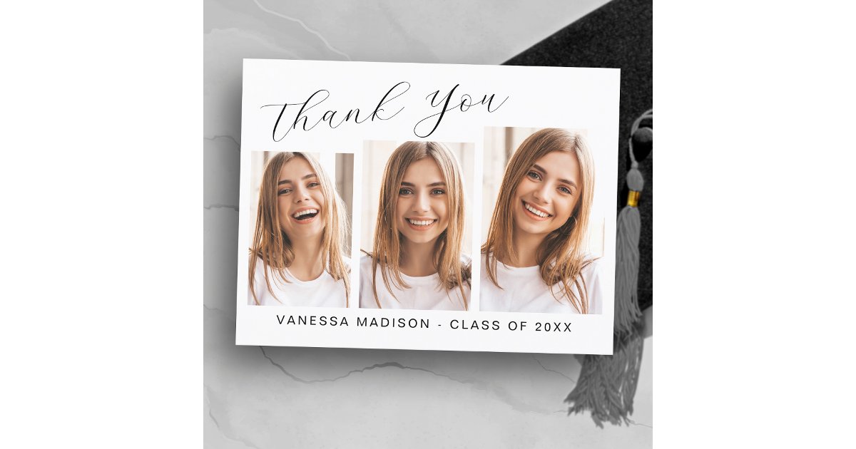 Modern Elegant Script 3 Photo Graduation Thank You Postcard | Zazzle