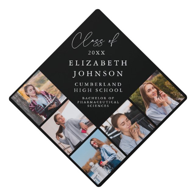 Modern Elegant Script 5 Photo Collage Graduation Cap Topper (Front)