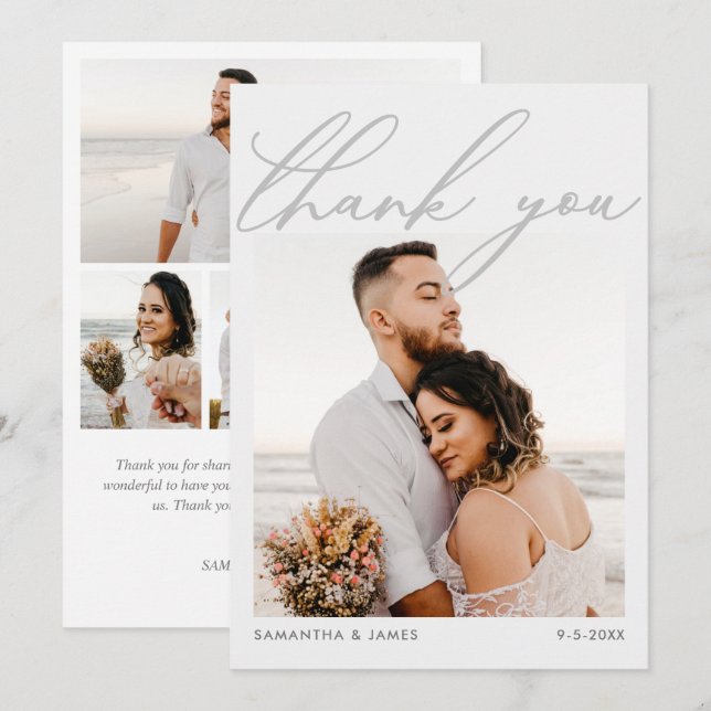 Modern Elegant Script 5-Photo Collage Wedding Thank You Card (Front/Back)