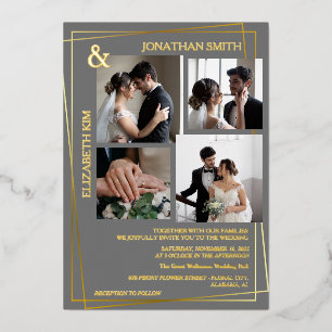 Modern Elegant Script 5 Photo Grid Overlay Wedding Foil Invitation