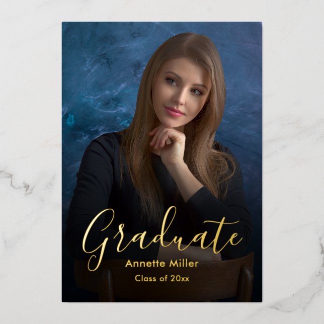 Modern Elegant Script Add Photo Graduation Party Foil Invitation (Front)