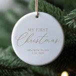 Modern Elegant Script Baby First Christmas  Ceramic Ornament<br><div class="desc">Celebrate your baby's first Christmas with this simple and elegant ornament,  featuring a gold script and a place to upload your photo on the back side.</div>