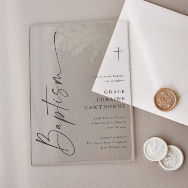 Modern Elegant Script Baptism Acrylic Invitations (Modern handwritten script gender neutral baptism invitation.)