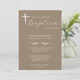 Modern Elegant Script Beige Baptism Invitation