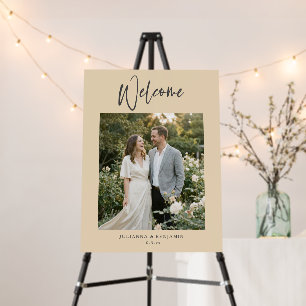 Modern Elegant Script Beige Photo Wedding Welcome Foam Board