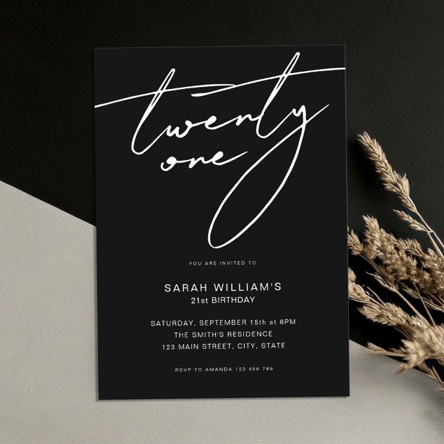 Modern Elegant Script Black 21st Birthday Party Invitation (Creator Uploaded)