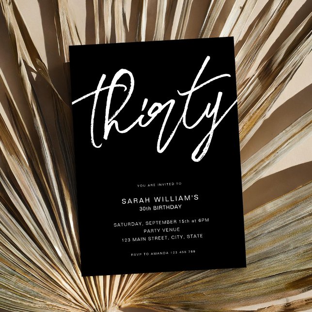 Modern Elegant Script Black 30th Birthday Invitation (Creator Uploaded)