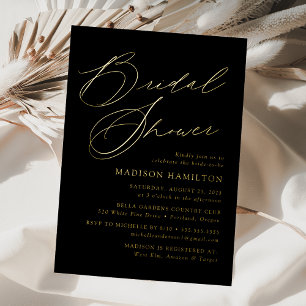 Modern Elegant Script Black and Gold Bridal Shower Foil Invitation