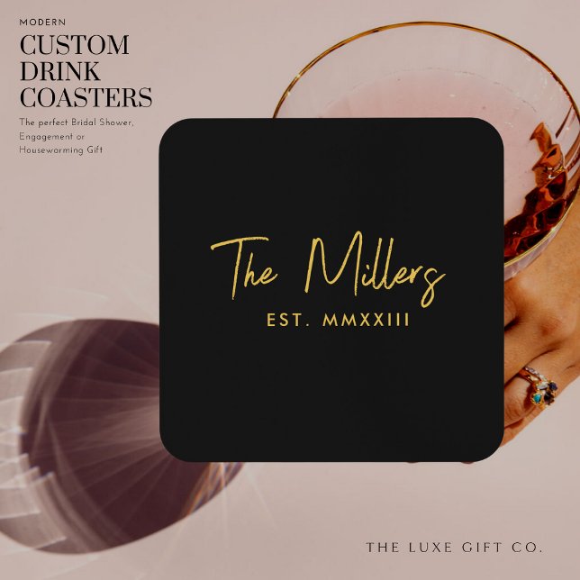 Modern Elegant Script Black and Gold Monogram Beverage Coaster (Creator Uploaded)
