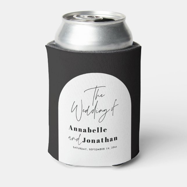 modern elegant script black and white arch wedding can cooler (Can Back)
