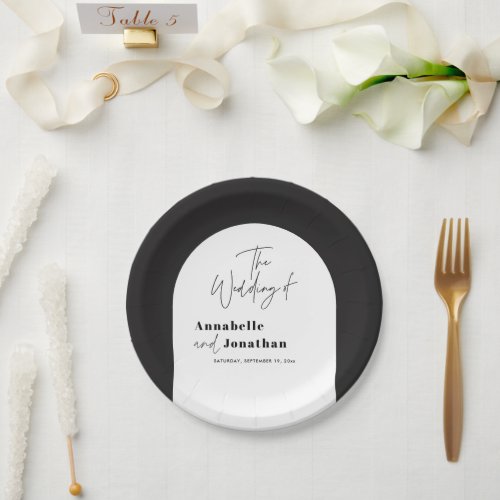 modern elegant script black and white arch wedding paper plates