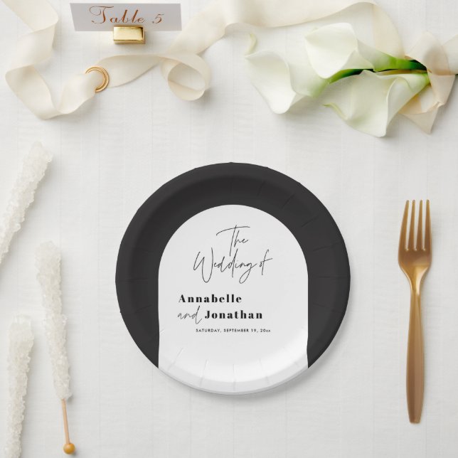 modern elegant script black and white arch wedding paper plates (Wedding)
