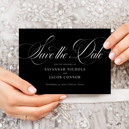 Modern Elegant Script Black and White Save The Date