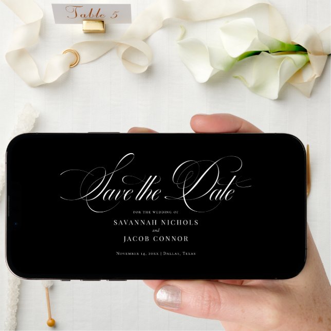 Modern Elegant Script Black and White Save The Date (Front Digital)