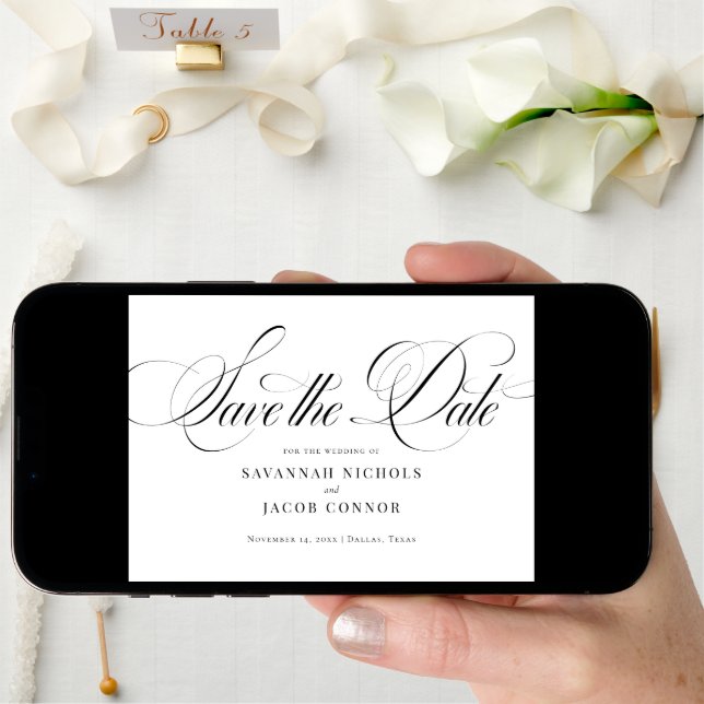 Modern Elegant Script Black and White Save The Date (Front Digital)