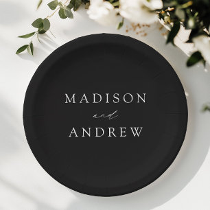 Modern Elegant Script Black and White Wedding Paper Plates