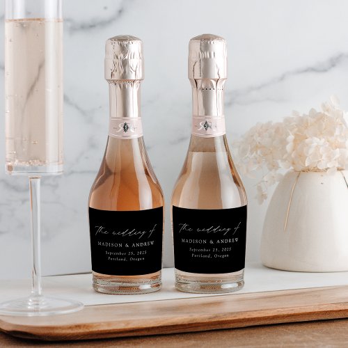 Modern Elegant Script Black and White Wedding Sparkling Wine Label