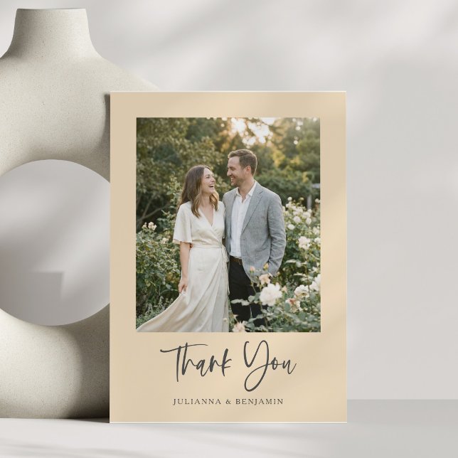 Modern Elegant Script Black Beige Photo Wedding  Thank You Card (Creator Uploaded)