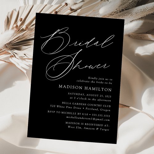Modern Elegant Script Black Bridal Shower Invitation