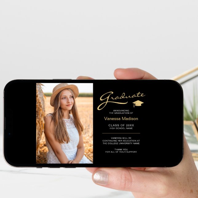 Modern Elegant Script Black & Gold | 2 Photo Grad Announcement (Front Digital)