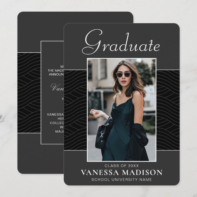 Modern | Elegant Script Black Gray 1 Photo Grad Announcement (Front/Back)