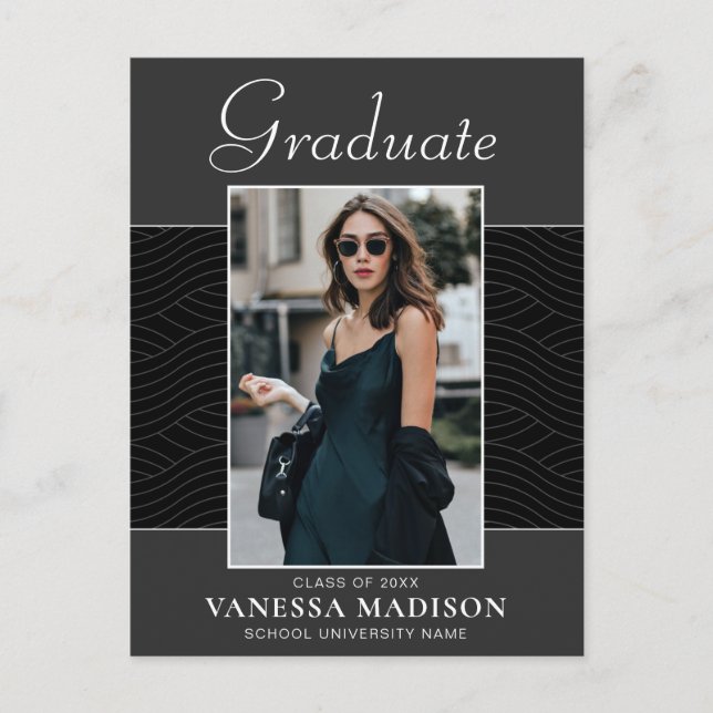 Modern | Elegant Script Black Gray 1 Photo Grad Postcard (Front)
