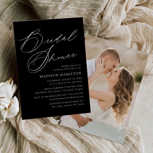 Modern Elegant Script Black Photo Bridal Shower Invitation