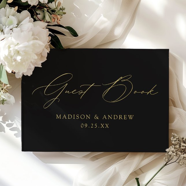Modern Elegant Script Black Photo Wedding Foil Guest Book (Creator Uploaded)