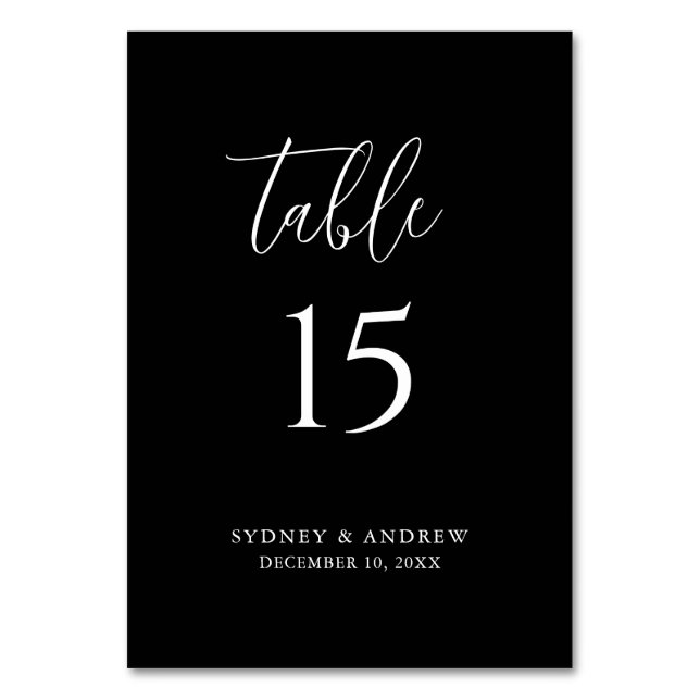 Modern Elegant Script Black Wedding Table Number (Front)