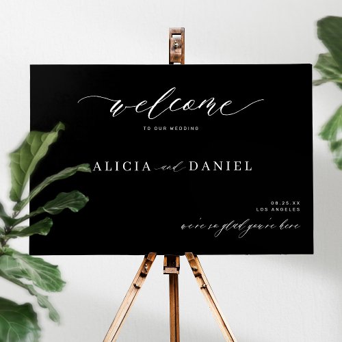 Modern elegant script black wedding welcome sign