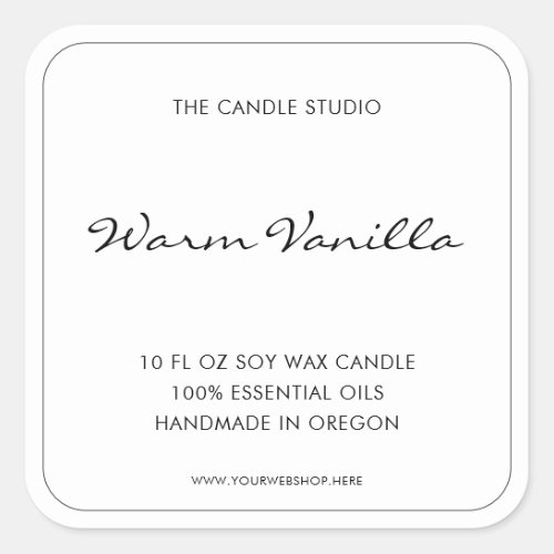 Modern Elegant Script Black White Packaging Candle Square Sticker