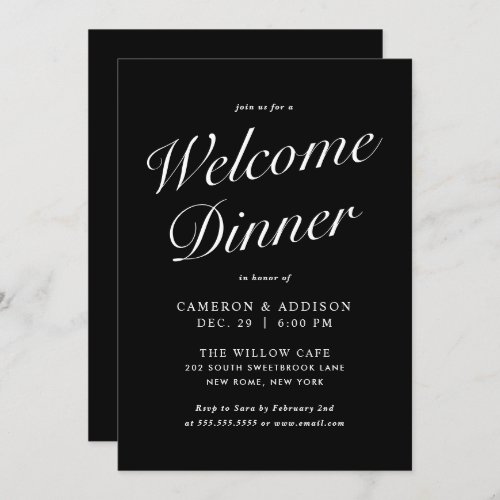 Modern Elegant Script Black  White Welcome Dinner Invitation