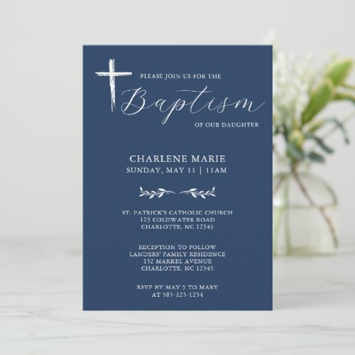 Modern Elegant Script Blue Baptism Invitation