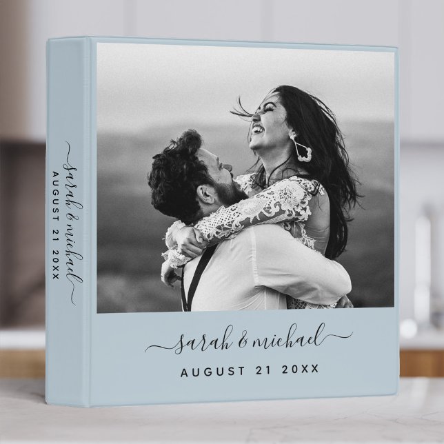 Modern Elegant Script Blue Photo Wedding Planner 3 Ring Binder (Creator Uploaded)