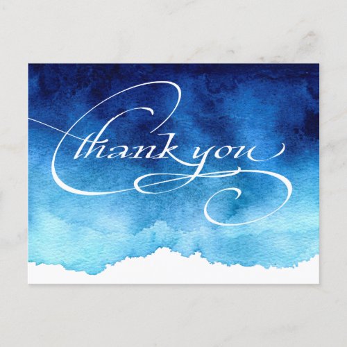 Modern Elegant Script Blue Wedding Thank You Postcard