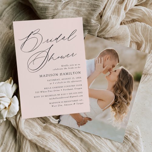 Modern Elegant Script Blush Photo Bridal Shower Invitation