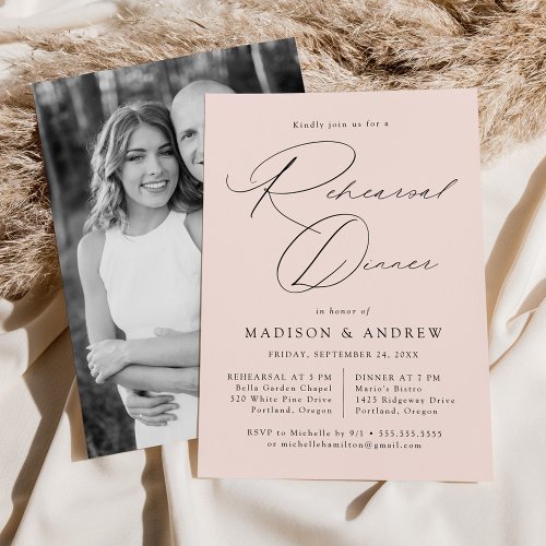 Modern Elegant Script Blush Photo Rehearsal Dinner Invitation