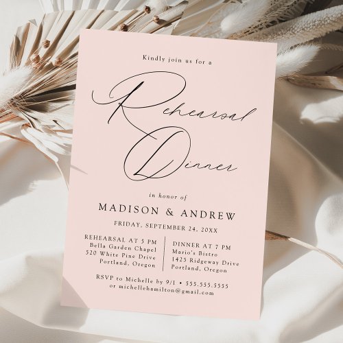 Modern Elegant Script Blush Rehearsal Dinner Invitation