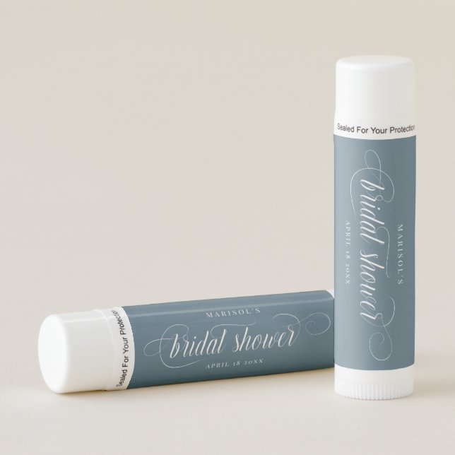 Modern Elegant Script Bridal Shower Dusty Blue Lip Balm (Front)