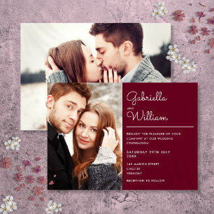 Modern Elegant Script Burgundy 2 Photo Wedding Invitation