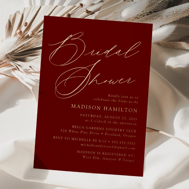 Modern Elegant Script Burgundy Bridal Shower Foil Invitation (Creator Uploaded)