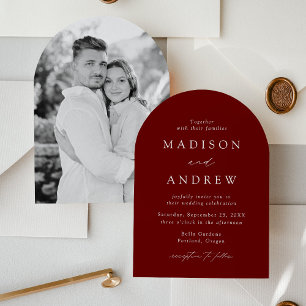 Modern Elegant Script Burgundy Photo Arch Wedding Invitation