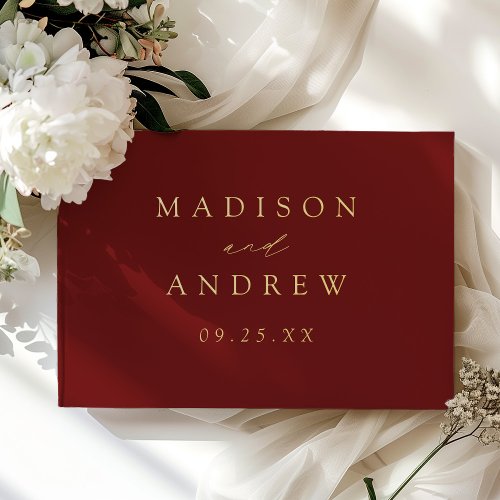 Modern Elegant Script Burgundy Photo Wedding Foil Guest Book