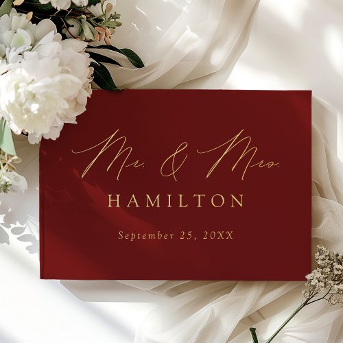 Modern Elegant Script Burgundy Photo Wedding Foil Guest Book