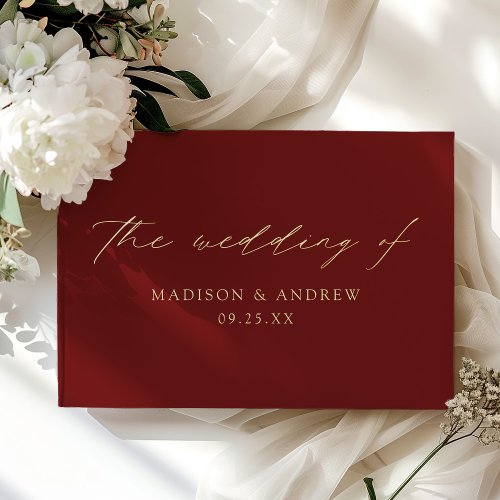 Modern Elegant Script Burgundy Photo Wedding Foil Guest Book