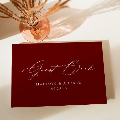 Modern Elegant Script Burgundy Photo Wedding Guest Book