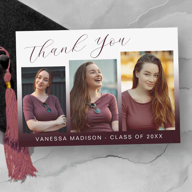 Modern Elegant Script Burgundy Red 3 Photo Grad Thank You Card | Zazzle