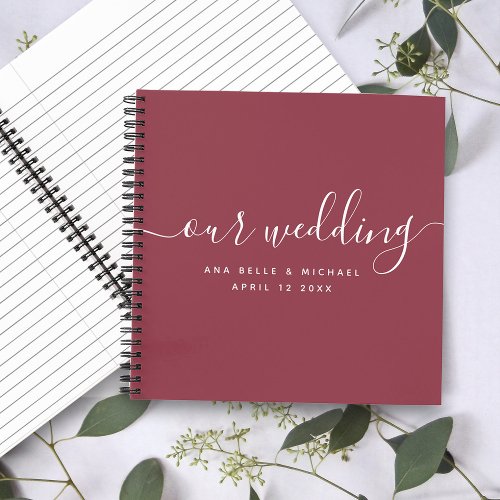 Modern Elegant Script Burgundy Red Wedding Guest Notebook